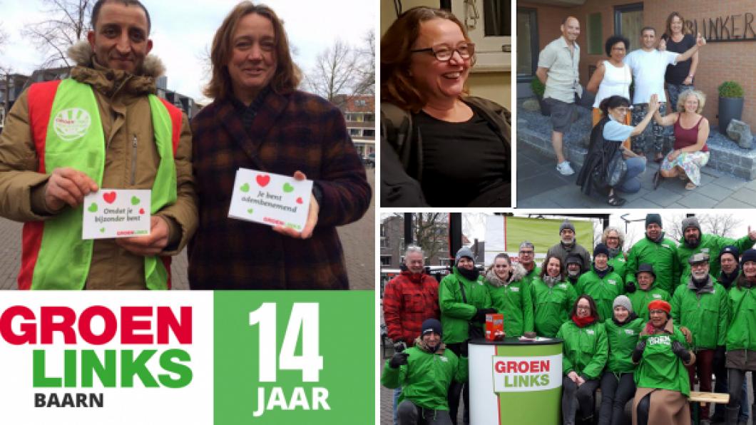 Collage van foto's met Margreet tijdens GroenLinks-activiteiten.