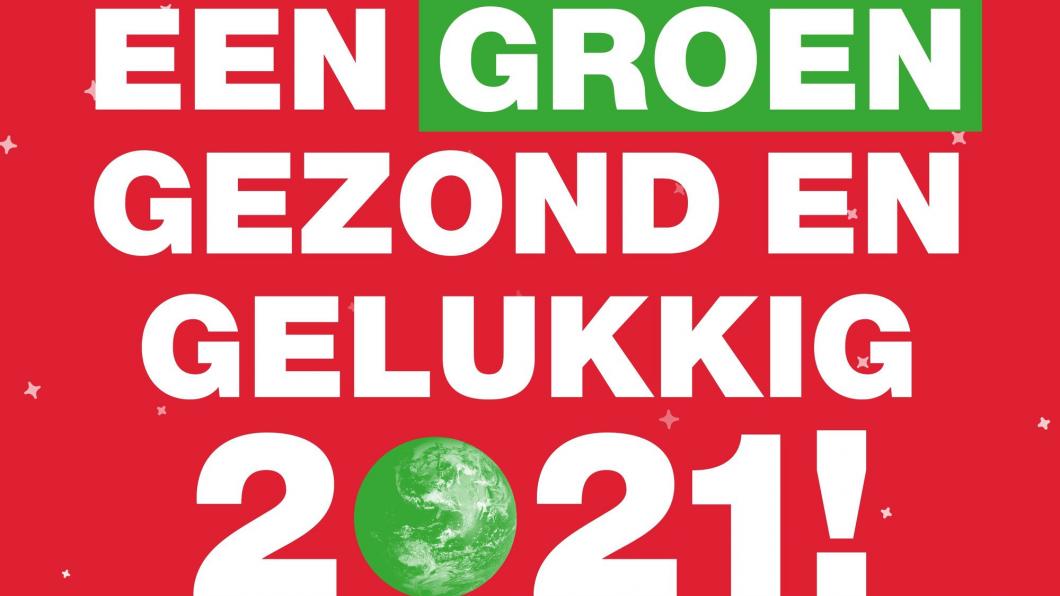 Rode achtergrond met de tekst: Een groen, gezond en gelukkig 2021!