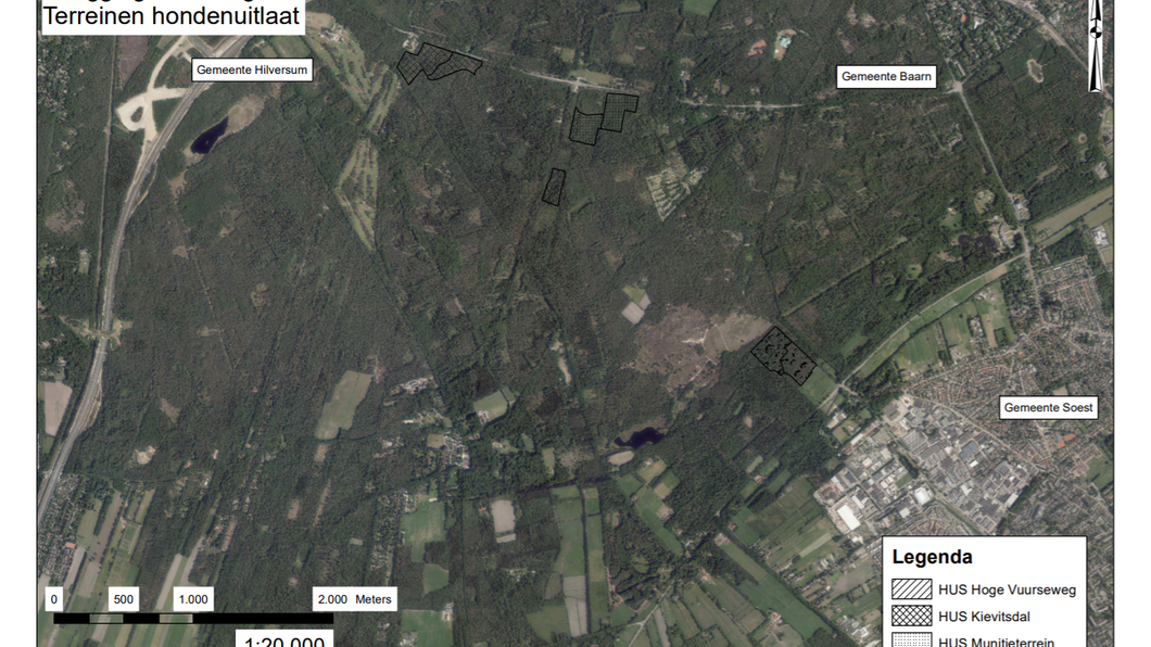 Plattegrond met de voorgestelde hondenuitlaatplaatsen.