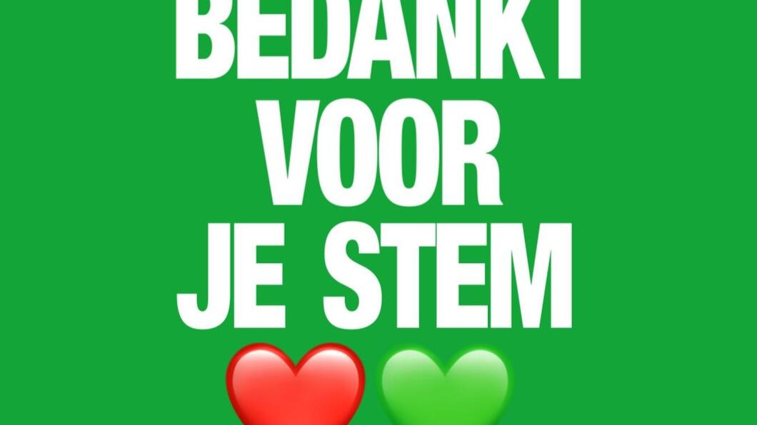 Groene achtergrond met de tekst 'Bedankt voor je stem'