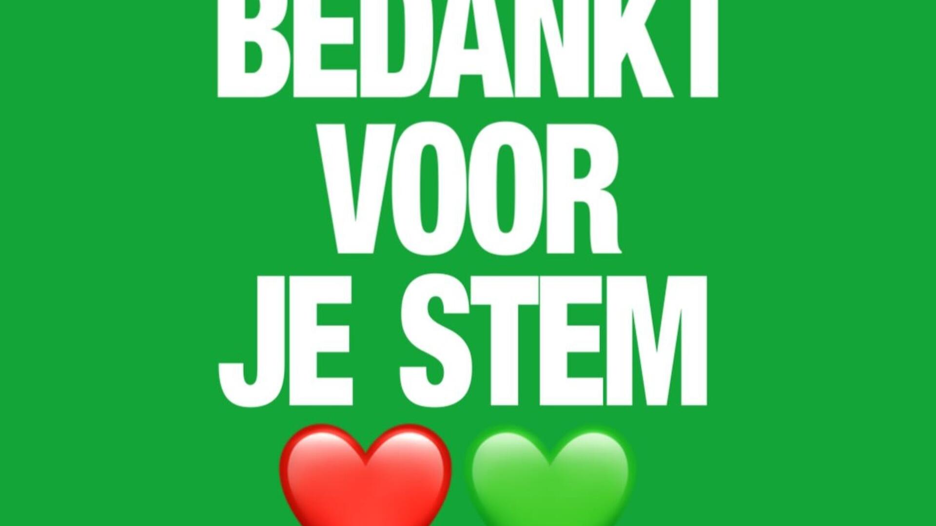 Groene achtergrond met de tekst 'Bedankt voor je stem'