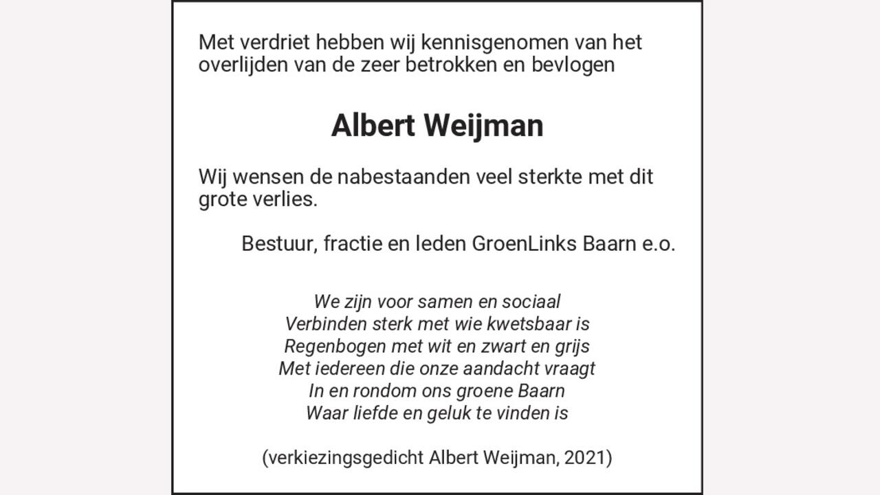 Rouwadvertentie Albert Weijman Baarnsche Courant. 